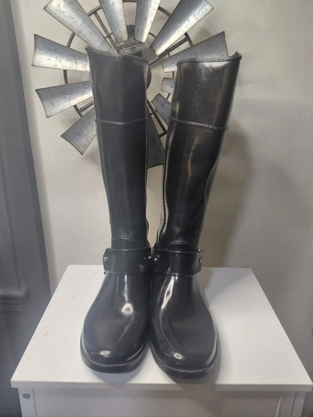 Michael Kors Fulton Black Knee High Rain Boot Logo Harness Size 9